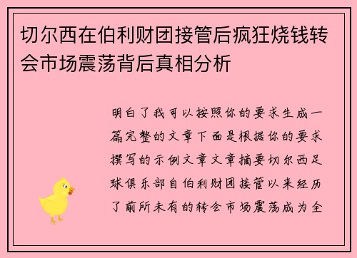 切尔西在伯利财团接管后疯狂烧钱转会市场震荡背后真相分析 切尔西在伯利财团接管后疯狂烧钱转会市场震荡背后真相分析