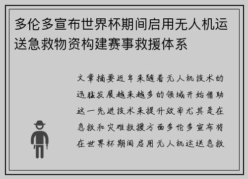 多伦多宣布世界杯期间启用无人机运送急救物资构建赛事救援体系